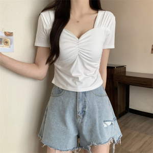 RM9214#大码夏季新款设计感小众修身V领显瘦纯色褶皱短袖T恤女