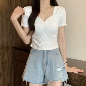 RM9214#大码夏季新款设计感小众修身V领显瘦纯色褶皱短袖T恤女