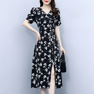 RM13355#新款夏装V领气质减龄女遮肚子显瘦印花雪纺连衣裙