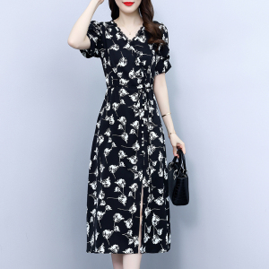 RM13355#新款夏装V领气质减龄女遮肚子显瘦印花雪纺连衣裙