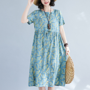 RM15515#夏季洋气大码短袖亚麻高端碎花小清新休闲棉麻收腰中长裙