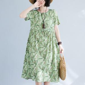 RM15515#夏季洋气大码短袖亚麻高端碎花小清新休闲棉麻收腰中长裙