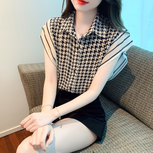 RM11645#夏季新款短袖衬衫女千鸟格条纹小众法式别致时尚显瘦上衣