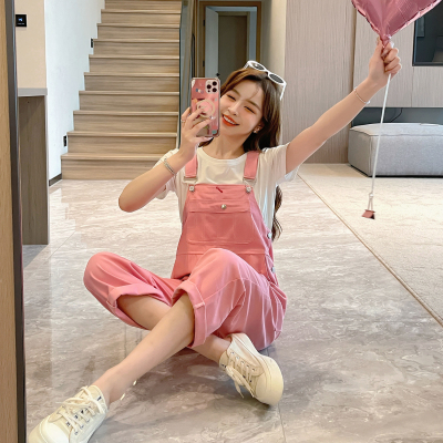 粉色背帶褲夏季女2023新款網紅減齡奶系顯瘦少女薄款連體褲套裝