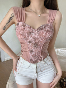 RM7536#法式别致独特辣妹粉色上衣设计感小众短款小背心吊带女夏季