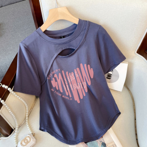 RM7530#夏季新款胖MM设计感镂空宽松显瘦印花短袖T恤上衣
