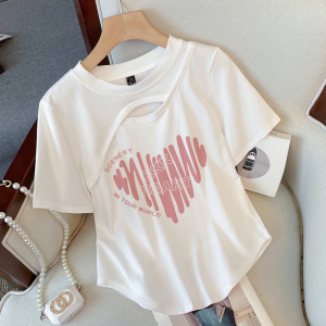 RM7530#夏季新款胖MM设计感镂空宽松显瘦印花短袖T恤上衣