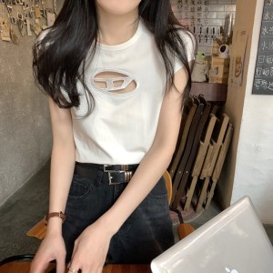 TR24737# 春夏韩版修身辣妹镂空设计感百搭纯棉T恤短袖上衣女