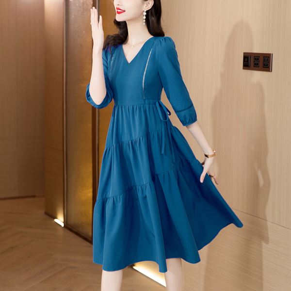 RY1471#春夏季新款修身五分袖显瘦气质减龄女神范系带款连衣裙