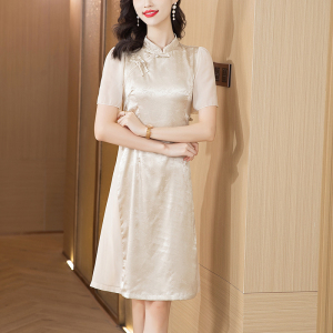 RY1473#改良旗袍2023年新款中年夏季时尚素雅复古中国风大码连衣裙