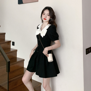 RM11544#法式设计感蝴蝶结领黑色连衣裙女小个子气质收腰裙子2023夏