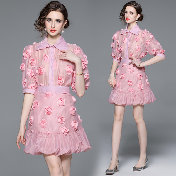 RY1505#立体花朵泡泡袖上衣盐系穿搭轻熟风高级感短裙两件套装