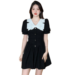 RM11544#法式设计感蝴蝶结领黑色连衣裙女小个子气质收腰裙子2023夏
