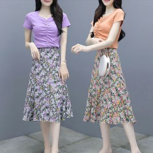 RY1509#紫色碎花连衣裙法式复古显瘦洋气裙子两件套
