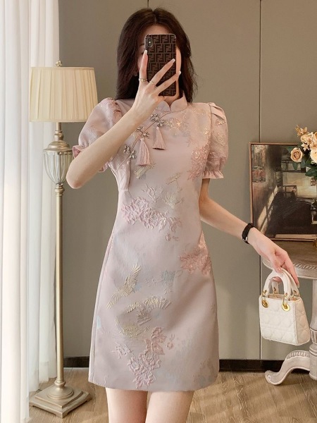 RY1493#国风改良新中式旗袍高级感年轻款复古印花连衣裙礼服