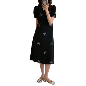 RY1487#长裙设计感小众黑色收腰显瘦泡泡袖碎花连衣裙子女夏季