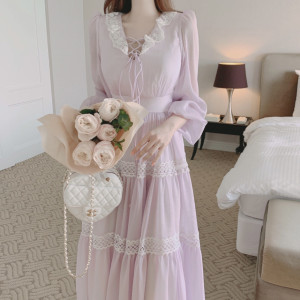 RM8575#韩版 INS  法式气质温柔显瘦设计感紫色长裙