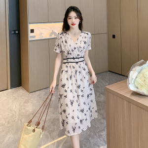 RM11812#新款夏装法式复古气质优雅裙子V领宫廷风少女雪纺连衣裙