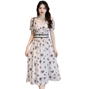 RM11812#新款夏装法式复古气质优雅裙子V领宫廷风少女雪纺连衣裙