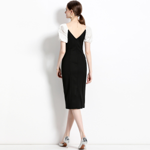 RM15407#泡泡袖修身包臀礼服小黑裙显瘦减龄V领连衣裙罗马棉