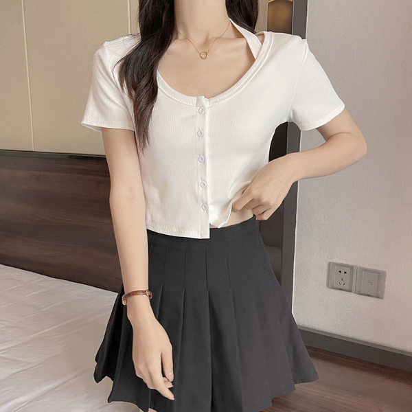 RM18858#夏季新款T恤女挂脖短款不规则设计小众短袖上衣
