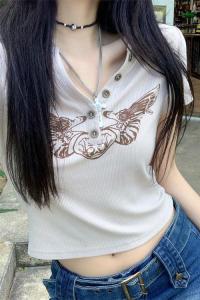 RM7547#复古印花短袖t恤女夏季美式辣妹v领修身显瘦设计感小众短款上衣服