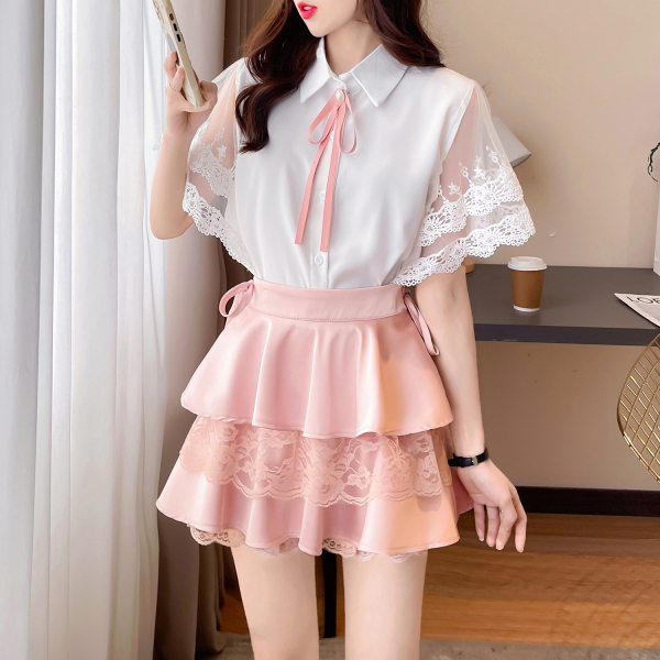 RM15840#日系甜美设计感小众蕾丝拼接雪纺衫高腰绑带蛋糕裙套装