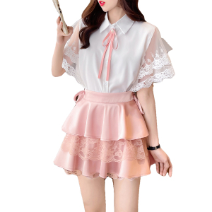 RM15840#日系甜美设计感小众蕾丝拼接雪纺衫高腰绑带蛋糕裙套装