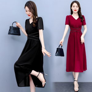 RM19370#夏季新款连衣裙修身气质V领大摆雪纺沙滩连衣长裙