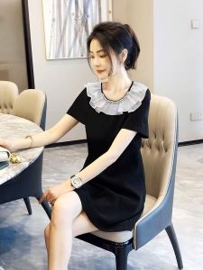 RM12320#荷叶边黑色连衣裙女小个子微胖显瘦气质裙子夏季2023年新款欧洲站