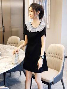 RM12320#荷叶边黑色连衣裙女小个子微胖显瘦气质裙子夏季2023年新款欧洲站