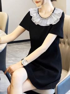 RM12320#荷叶边黑色连衣裙女小个子微胖显瘦气质裙子夏季2023年新款欧洲站