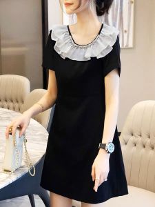 RM12320#荷叶边黑色连衣裙女小个子微胖显瘦气质裙子夏季2023年新款欧洲站