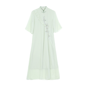 RM14159#春夏新款中国风雪纺皱中长款立领复古旗袍女装改良显瘦连衣裙