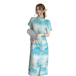 RM21335#千里江山图新中式复古气质显瘦旗袍连衣裙民国风长裙