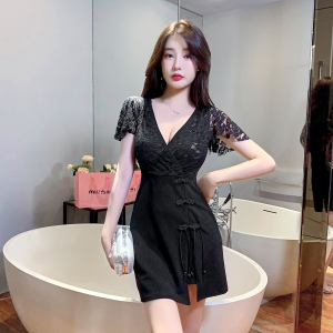 Retro Sexy Lace Panel Contrast Short Sleeve A-line Dress