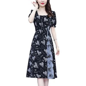 RM19771#大码女装2023年夏季新款气质网纱拼接方领开叉泡泡袖连衣裙