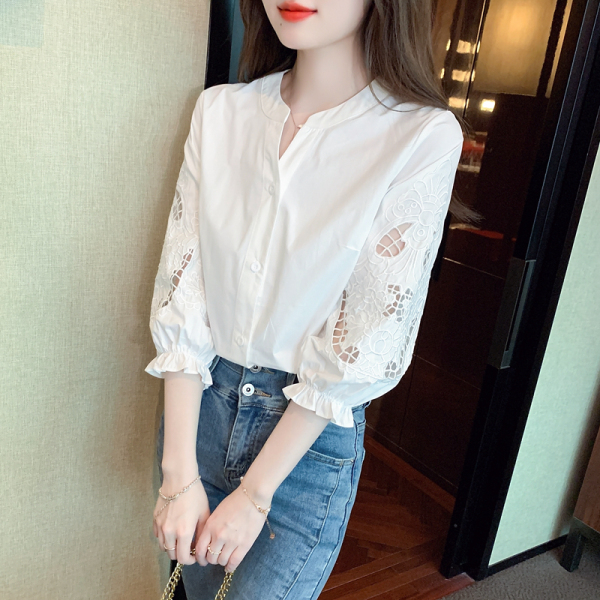 RM11646#夏季重工刺绣棉布衬衫女设计感小众夏季立领衬衣七分袖上衣
