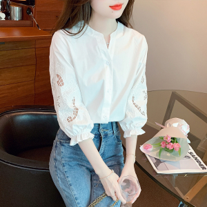 RM11646#夏季重工刺绣棉布衬衫女设计感小众夏季立领衬衣七分袖上衣