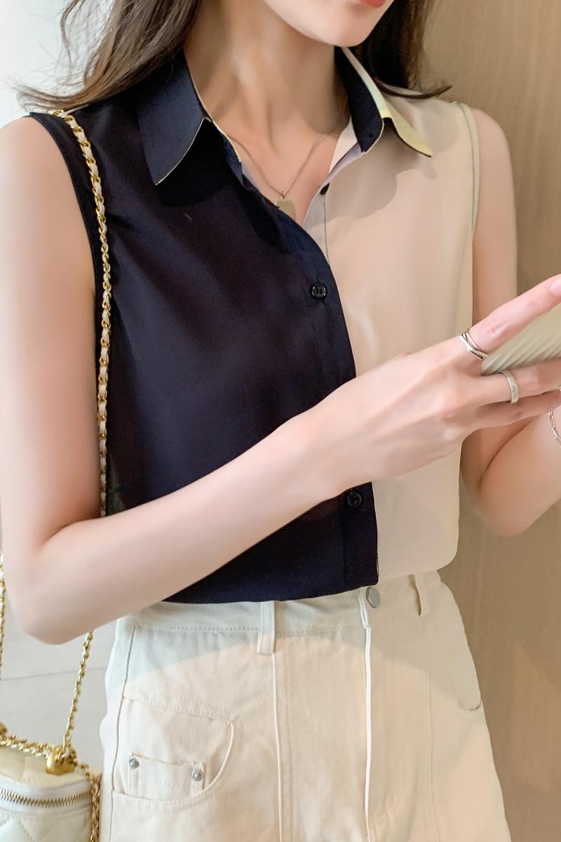 實拍洋氣夏季撞色坎肩背心女外穿襯衫無袖雪紡打底衫內搭上衣
