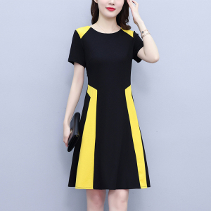RM19376#夏季大码女装简约拼接撞色中长款修身显瘦短袖连衣裙子新款阔太太