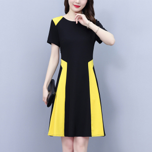RM19376#夏季大码女装简约拼接撞色中长款修身显瘦短袖连衣裙子新款阔太太