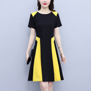 RM19376#夏季大码女装简约拼接撞色中长款修身显瘦短袖连衣裙子新款阔太太
