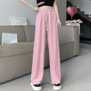 RM9709#格纹抽绳阔腿裤女夏季高级感垂感休闲高腰宽松冰丝裤