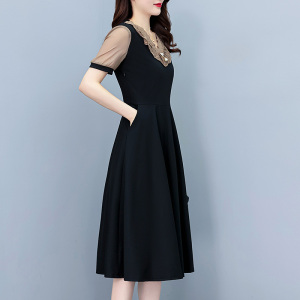 RM19365#网红气质假两件套修身显瘦中长款大码女装胖mm短袖连衣裙夏季新款