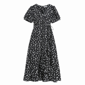 RM10696#夏新法式V领玫瑰花朵雪纺印花荷叶边系带收腰显瘦连衣裙