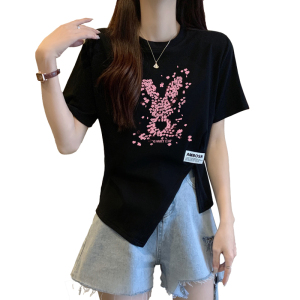 RM13178#大码女装2023夏季新款开叉设计感不规则小众印花短袖T恤上衣