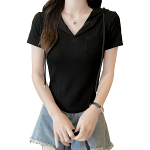 RM13956#夏季新款连帽V领设计感韩版修身显瘦百搭T恤女