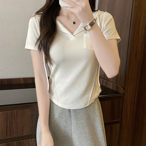 RM13956#夏季新款连帽V领设计感韩版修身显瘦百搭T恤女