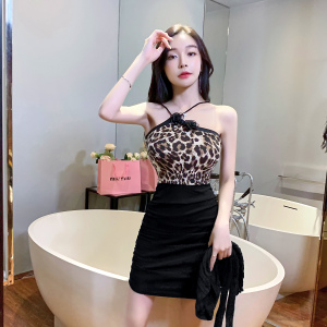 Two Piece Slim Fit Leopard Pattern Sexy Strap Wrap Hip Dress Set